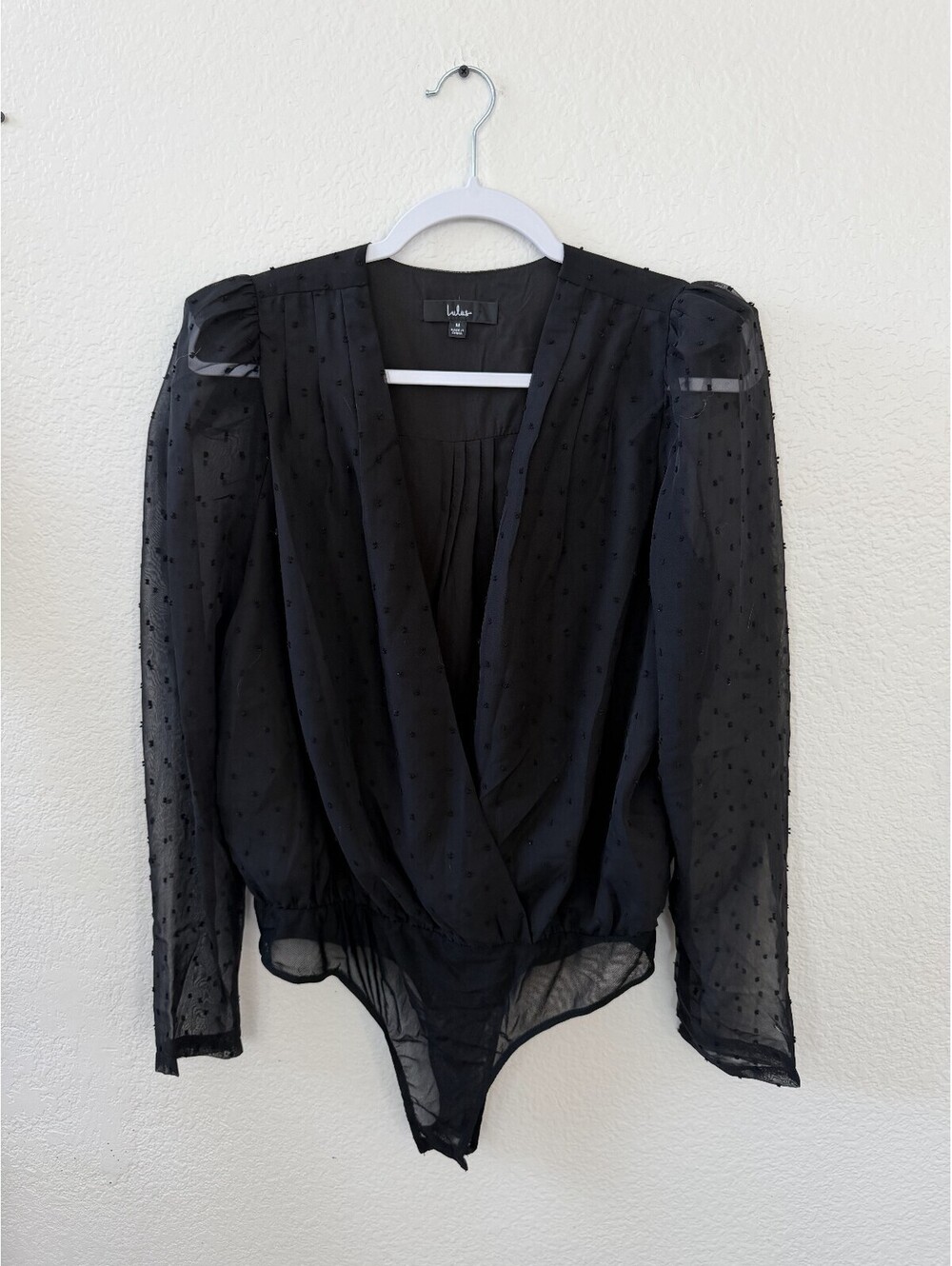 Lulus Black Sheer Swiss Dot Long Sleeve Bodysuit sheer office siren rave GNO top